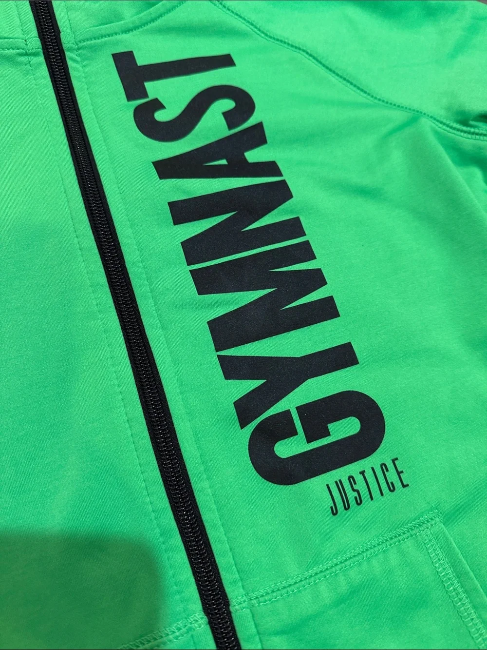Justice Bright Green 'GYMNAST' Zip-Up Hoodie soft and stretch girls size 16